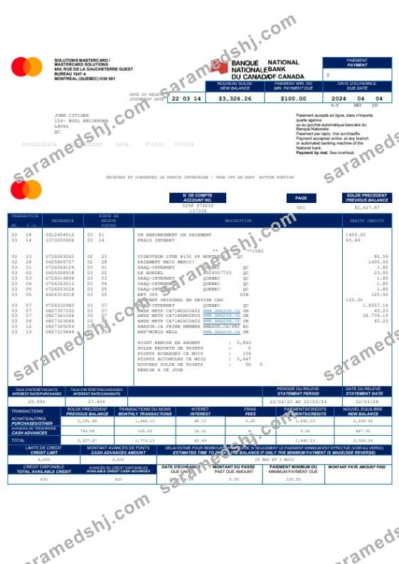 Canada National bank of Canada bank statement Word and PDF template